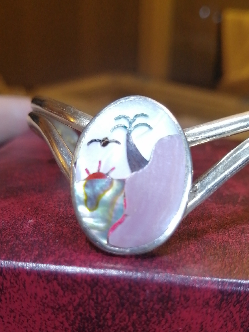Vintage Cuff Pink White Abalone Inlay with Nautical Scene, Small, Silver(?)